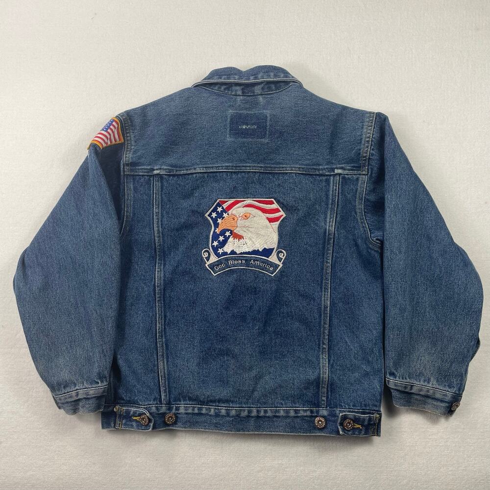 Vintage Route 66 Trucker Denim Jacket American Eagle Flag Patriotic Youth 10/12